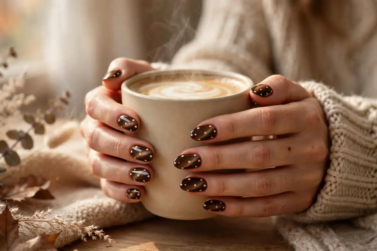 Chocolate brown cat eye nails with soft cream polka dots for a cosy latte-inspired fall manicure