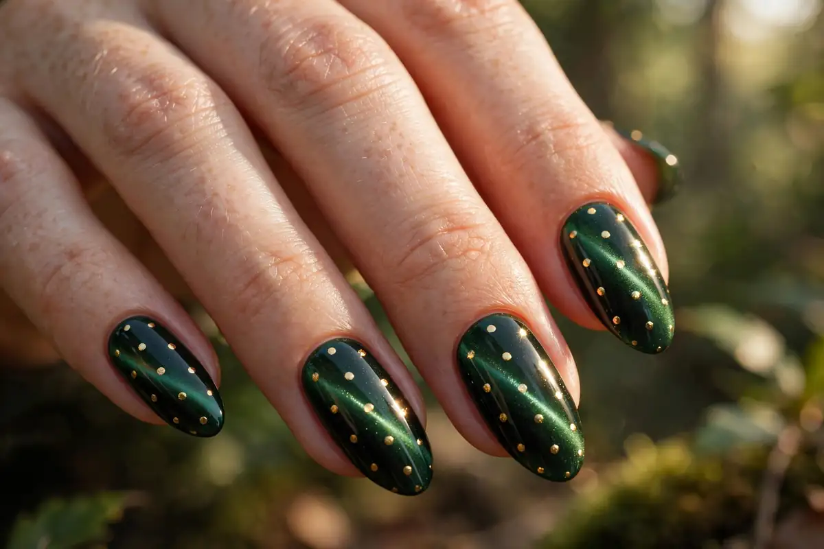 Forest green cat eye nails with gold polka dots catching the light