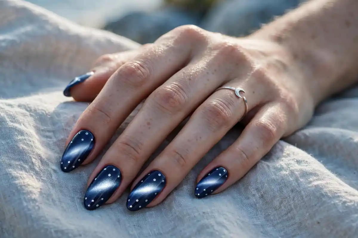 Navy cat eye nails with silver polka dots and a moonlit magnetic shine on almond nails