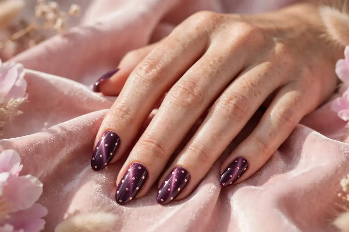 Plum cat eye manicure with rose gold polka dots on almond nails