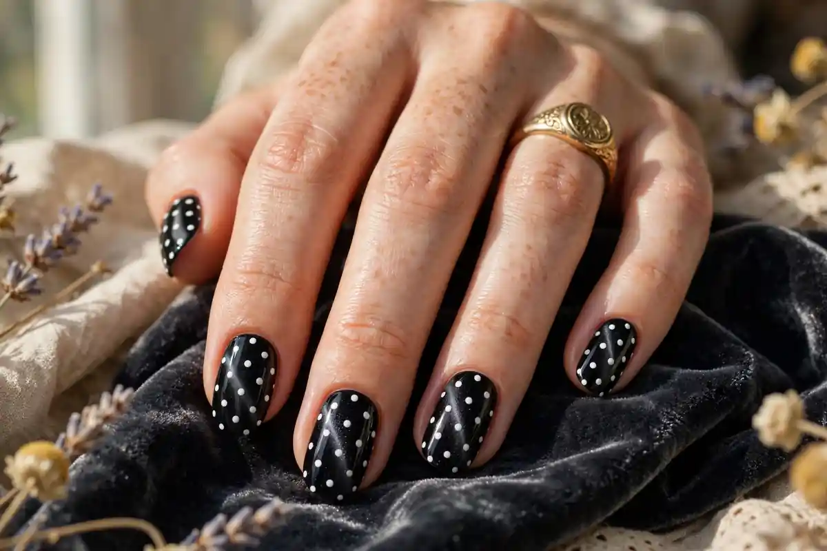Black cat eye nails with crisp white polka dots for a bold graphic vintage-inspired manicure