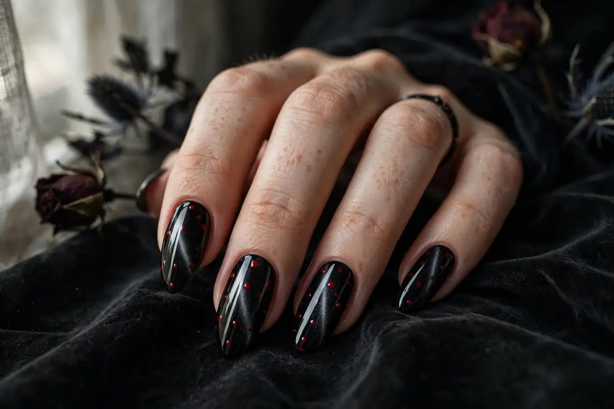 Black polka dot cat eye nails with blood red dots for a goth Halloween manicure