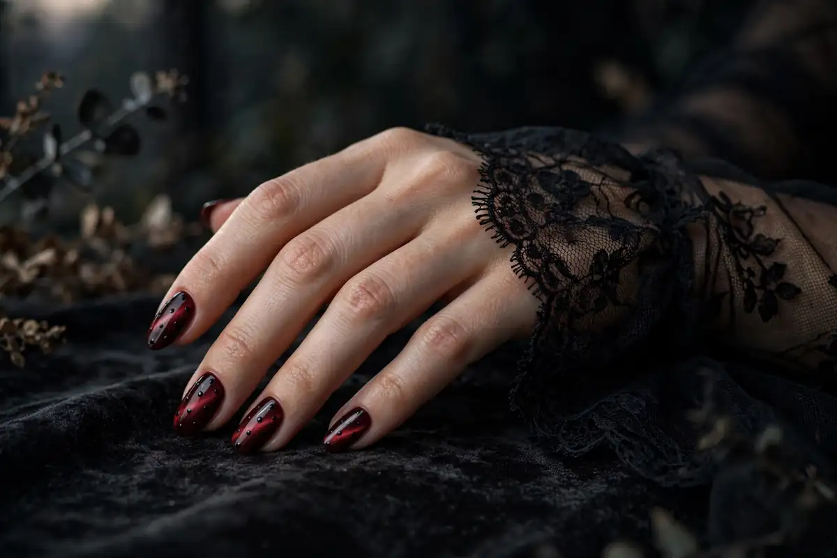 Dark red cat eye nails with black polka dots styled with a black lace sleeve for Halloween