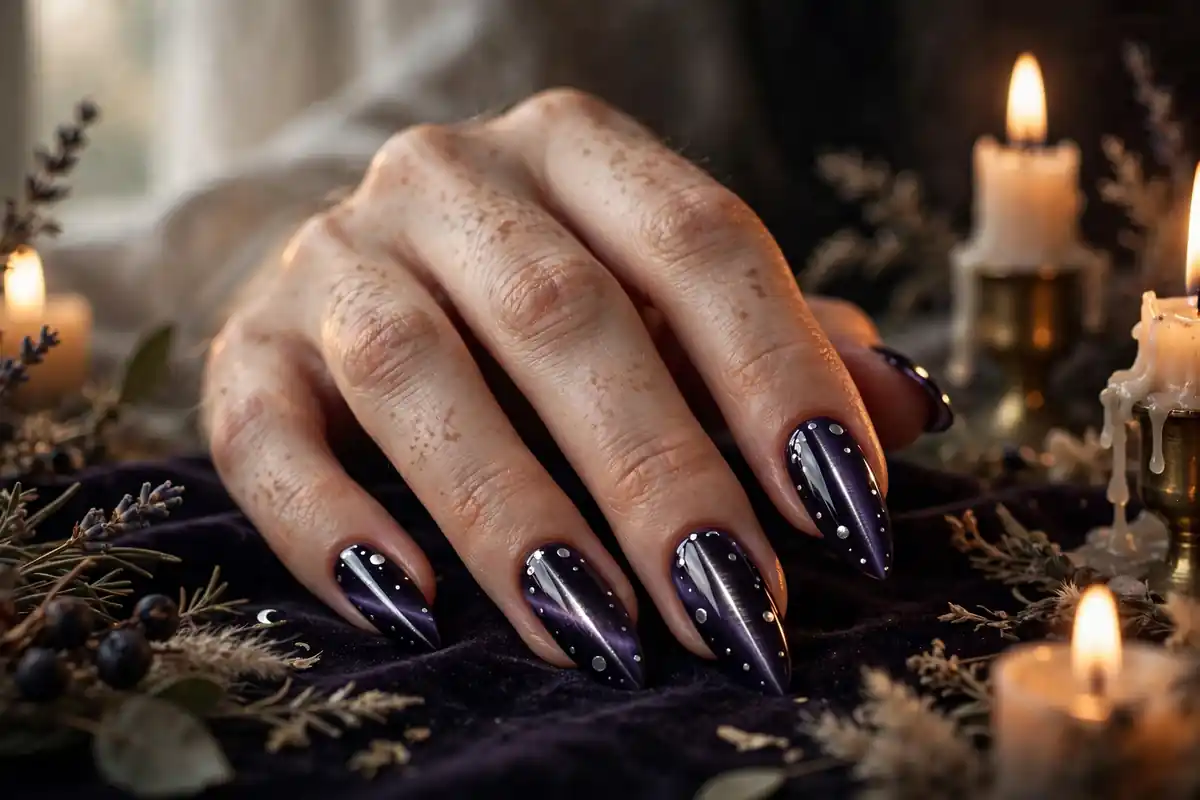 Midnight purple cat eye nails with silver polka dots and a sharp central cat eye line