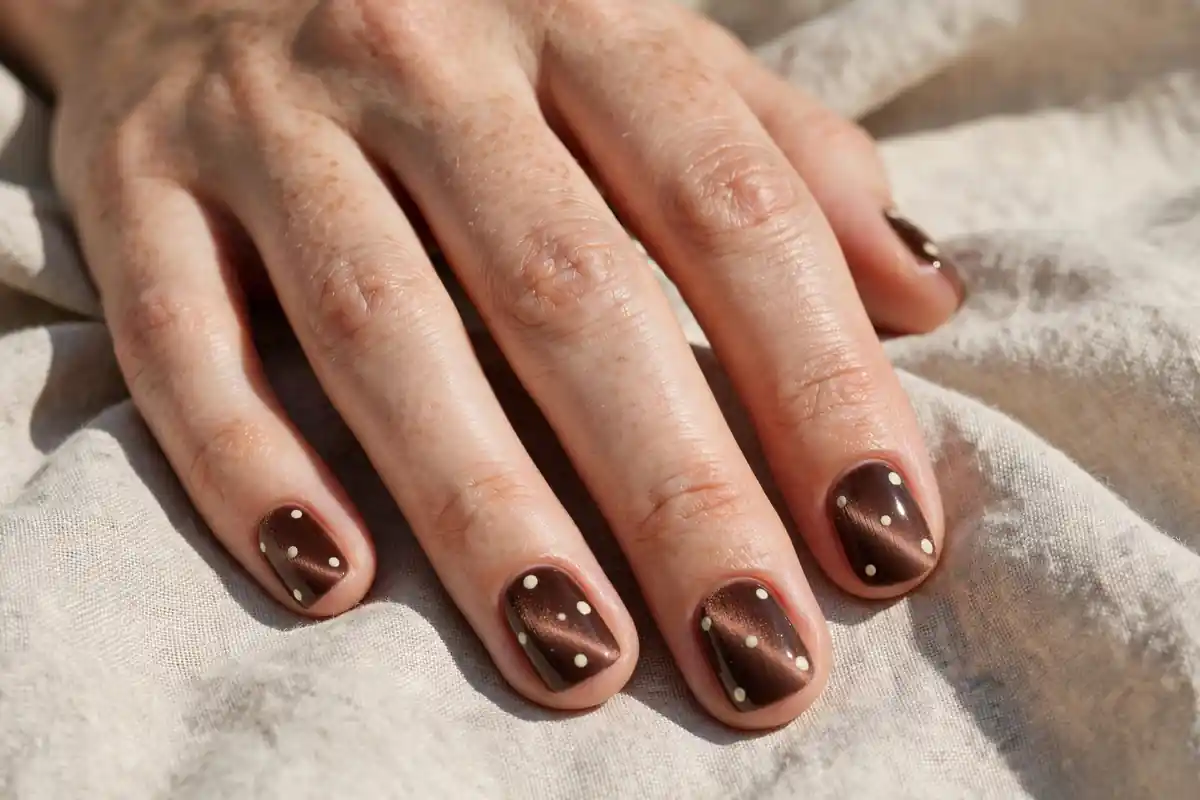 Short squoval nails with a chocolate brown cat eye base and small cream polka dots