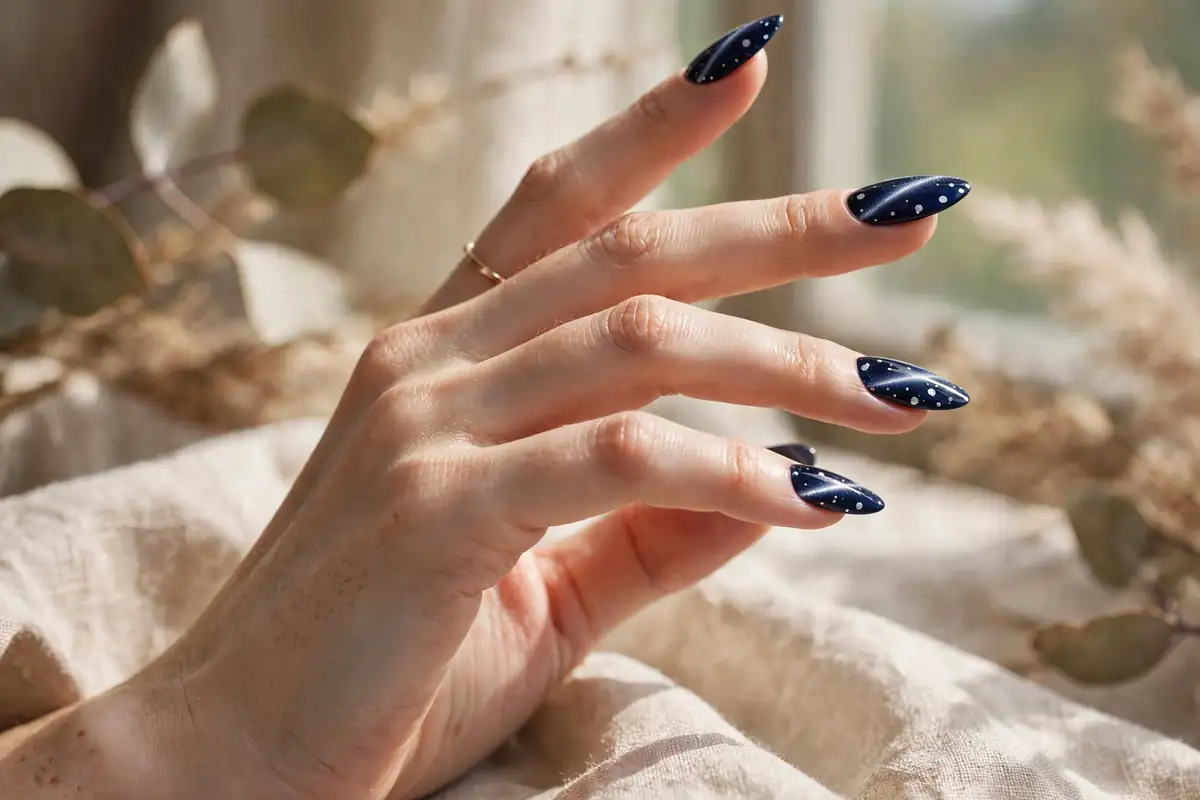 Almond shaped polka dot cat eye nails in navy with silver dots elongating the fingers