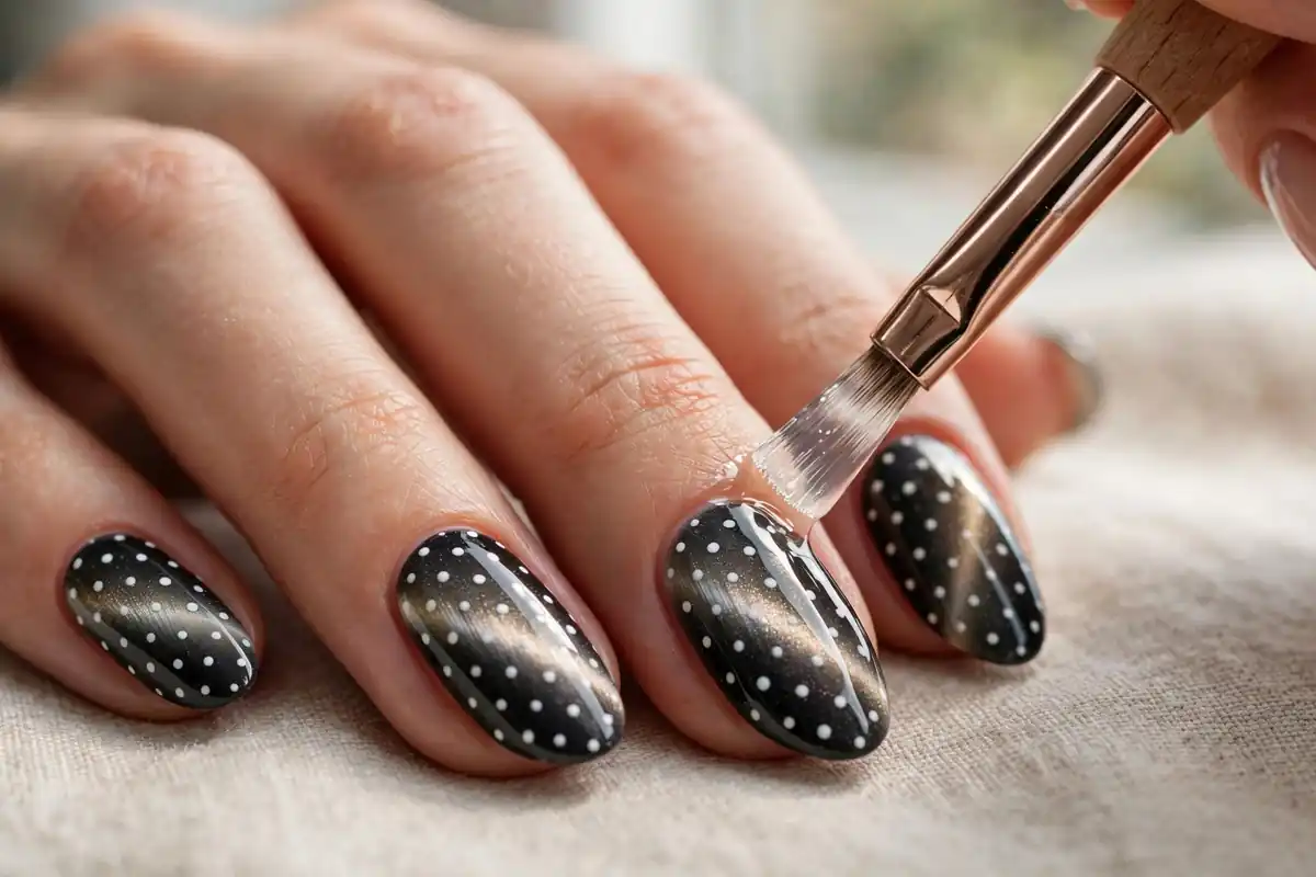 Applying a glossy top coat over cured polka dot cat eye nails to seal the design
