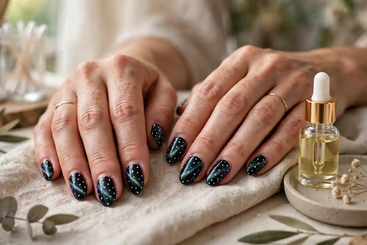 Hands with a two week old polka dot cat eye manicure still glossy beside a bottle of cuticle oil