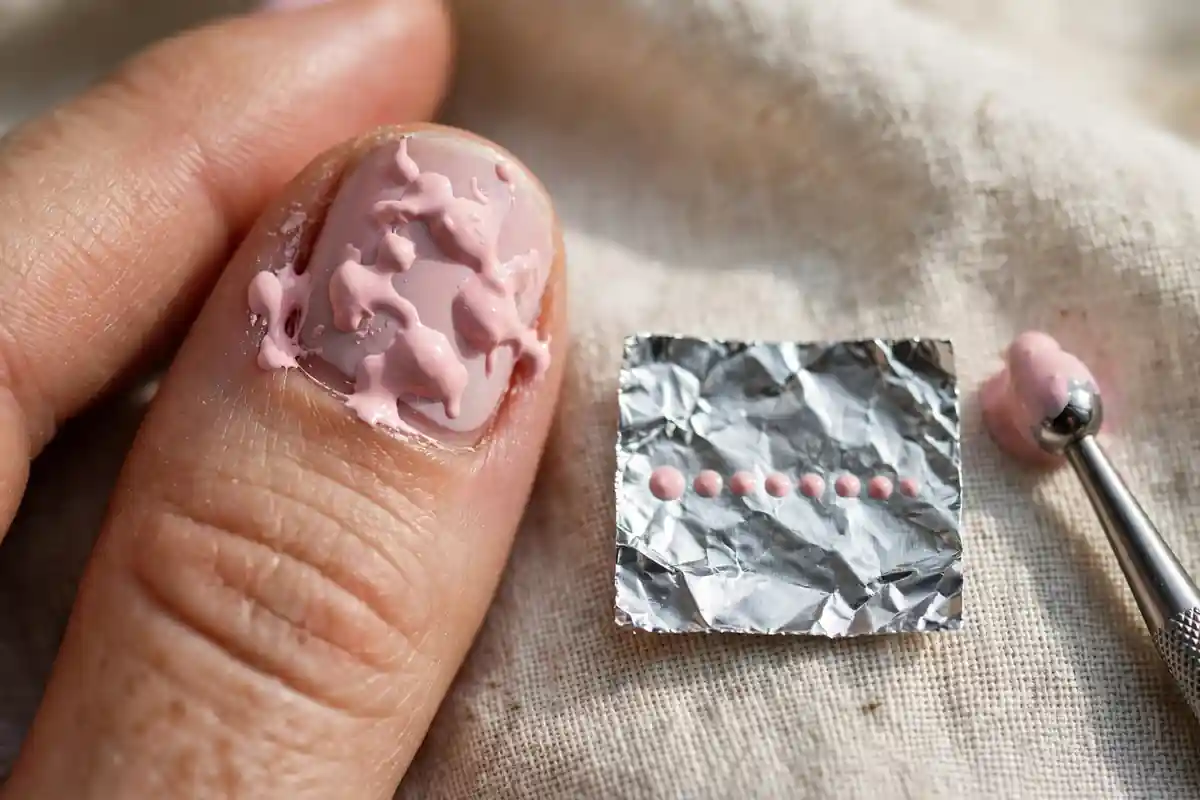 Uneven blobs on a nail from an overloaded dotting tool next to a row of neat test dots on foil