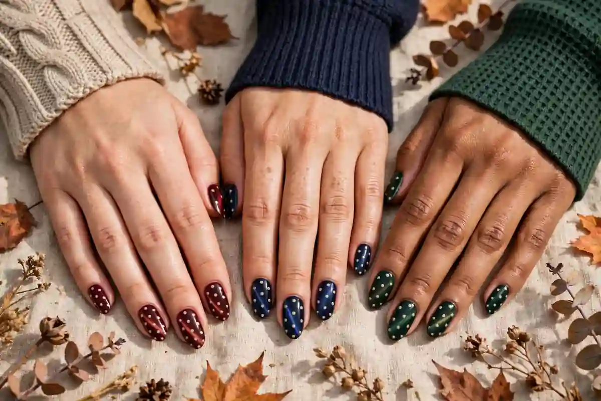 Three polka dot cat eye nail designs side by side in burgundy, navy and forest green