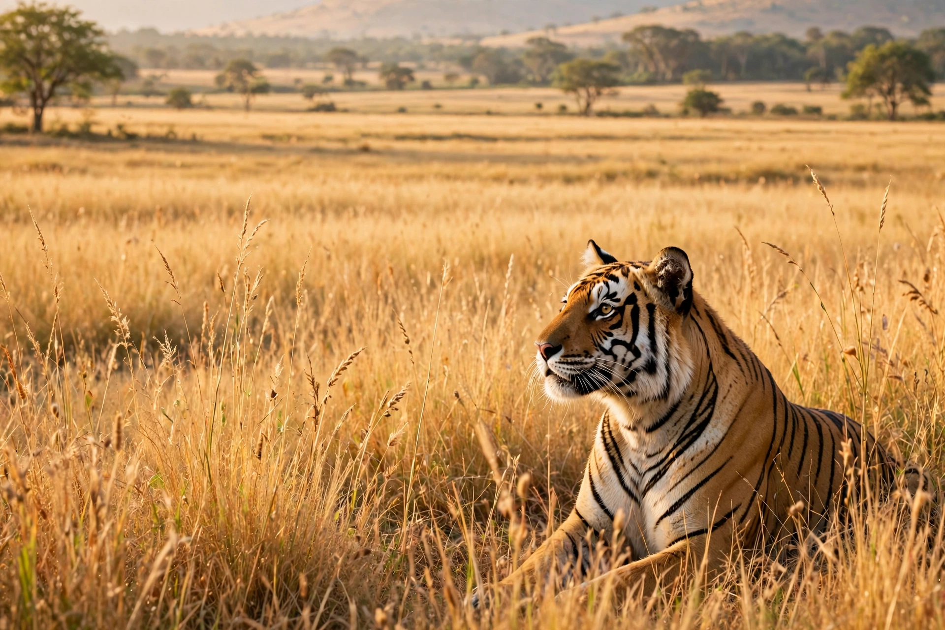 A tiger strides gracefully through a dense forest, surrounded by lush greenery and dappled sunlight filtering through the trees.