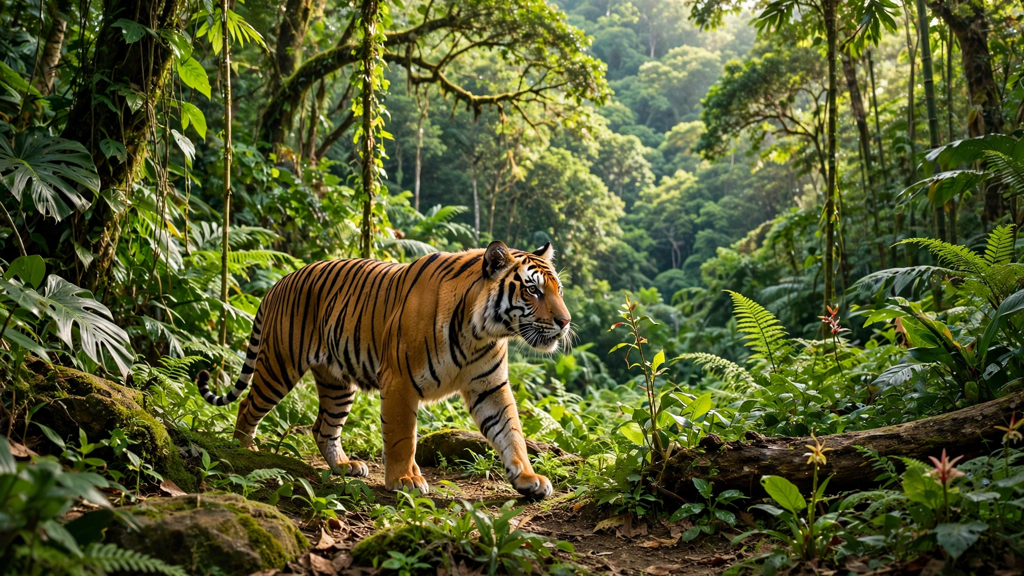 A tiger strides gracefully through a dense forest, surrounded by lush greenery and dappled sunlight.