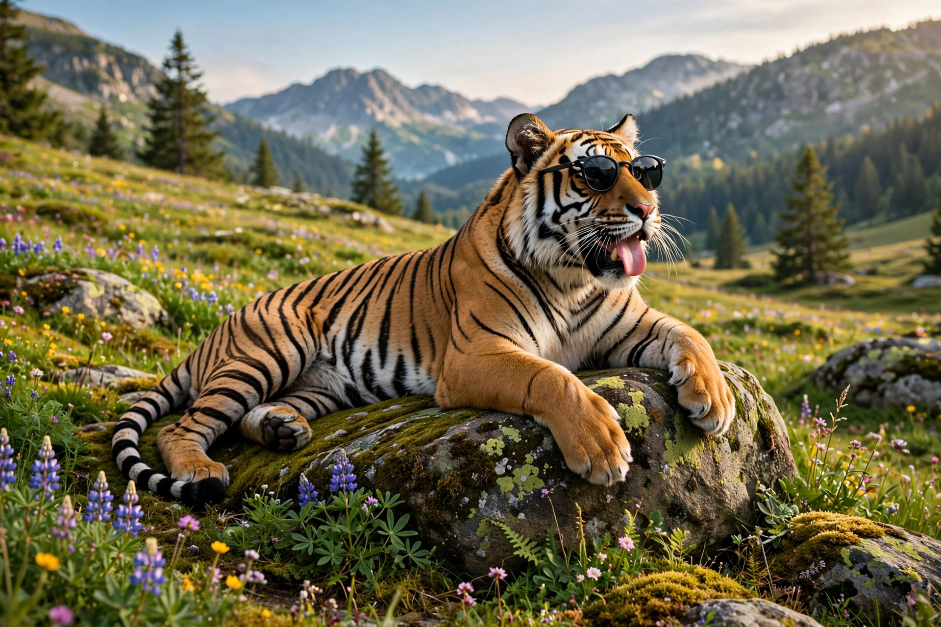 A tiger resting in lush green grass within a serene forest setting, showcasing its vibrant orange and black stripes.