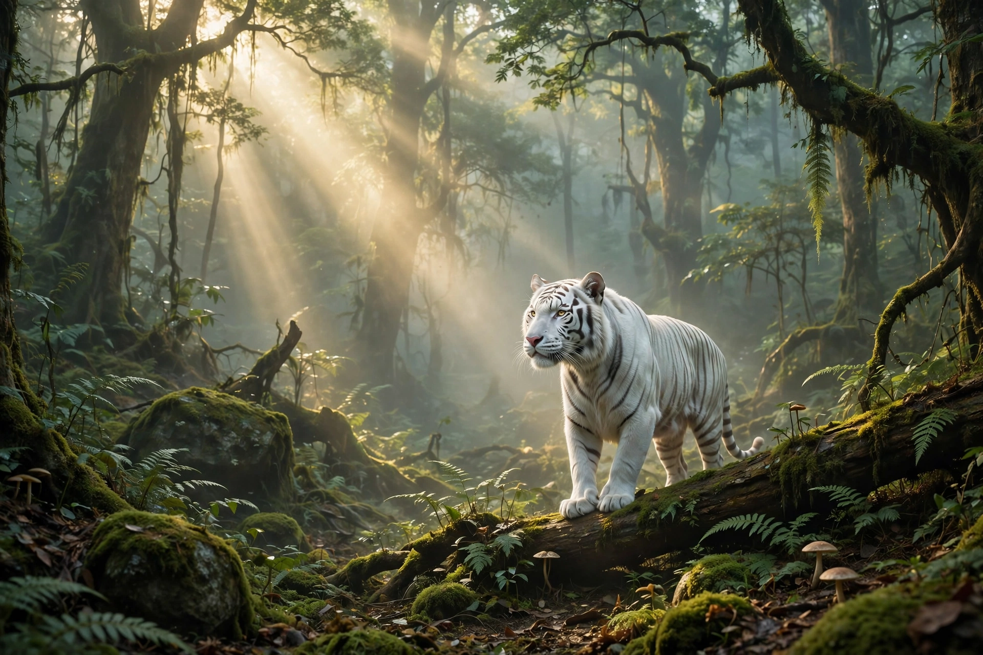 A majestic tiger stands proudly on a rock, surrounded by lush greenery in its natural wild habitat.