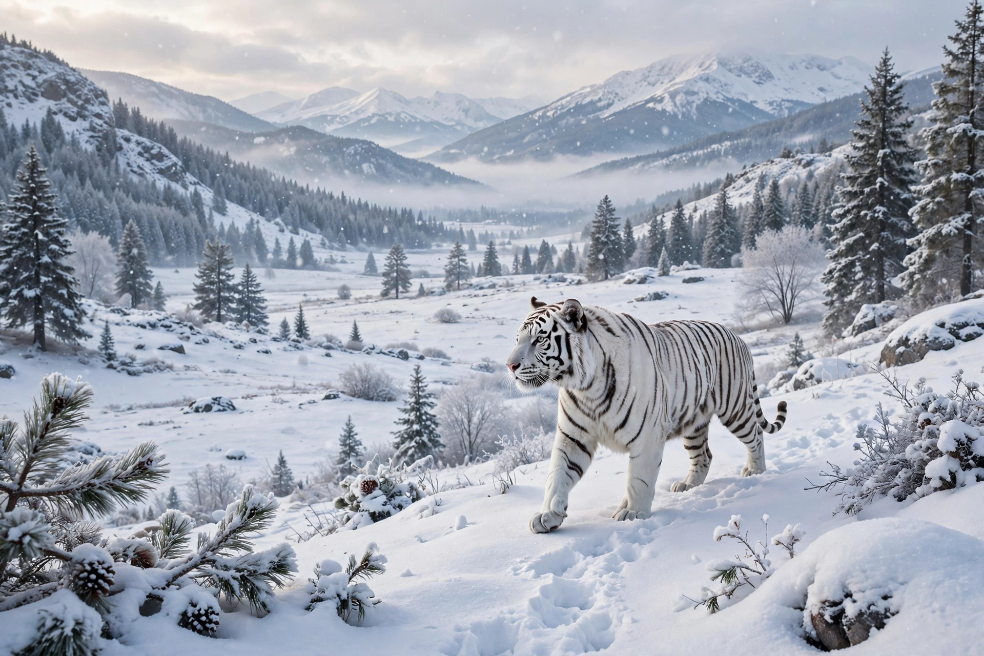 A majestic white tiger strides confidently along a rugged, rocky path in its natural habitat.