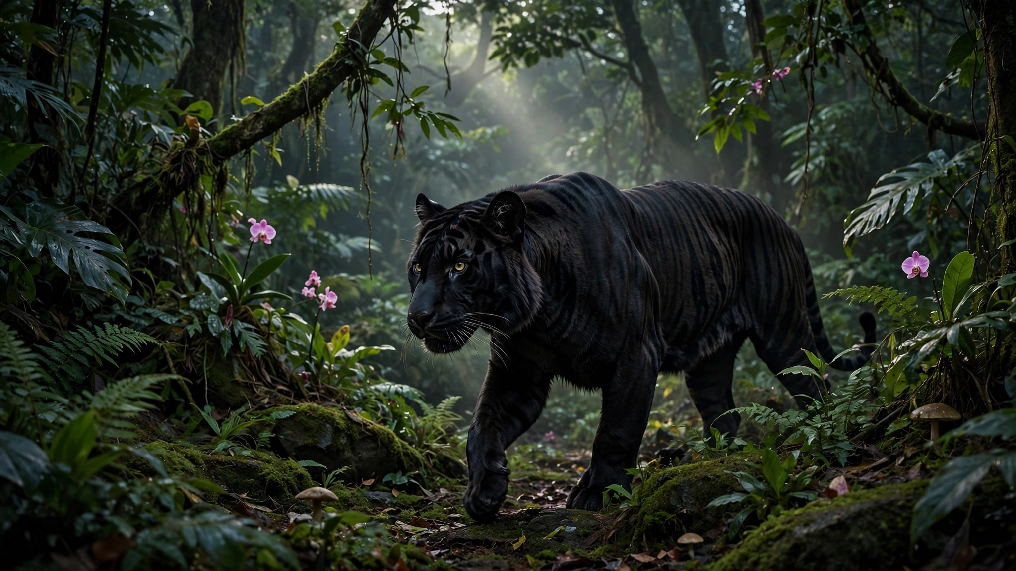 A striking black tiger gracefully prowls through a snowy landscape, showcasing its unique fur against the white backdrop.