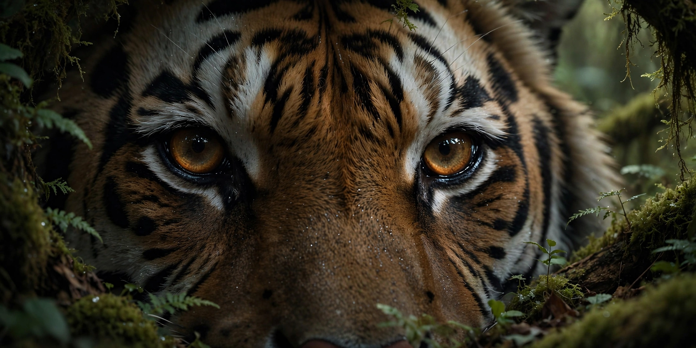 A tiger lounging in lush grass, with trees in the background, highlighting its majestic presence in the wild.