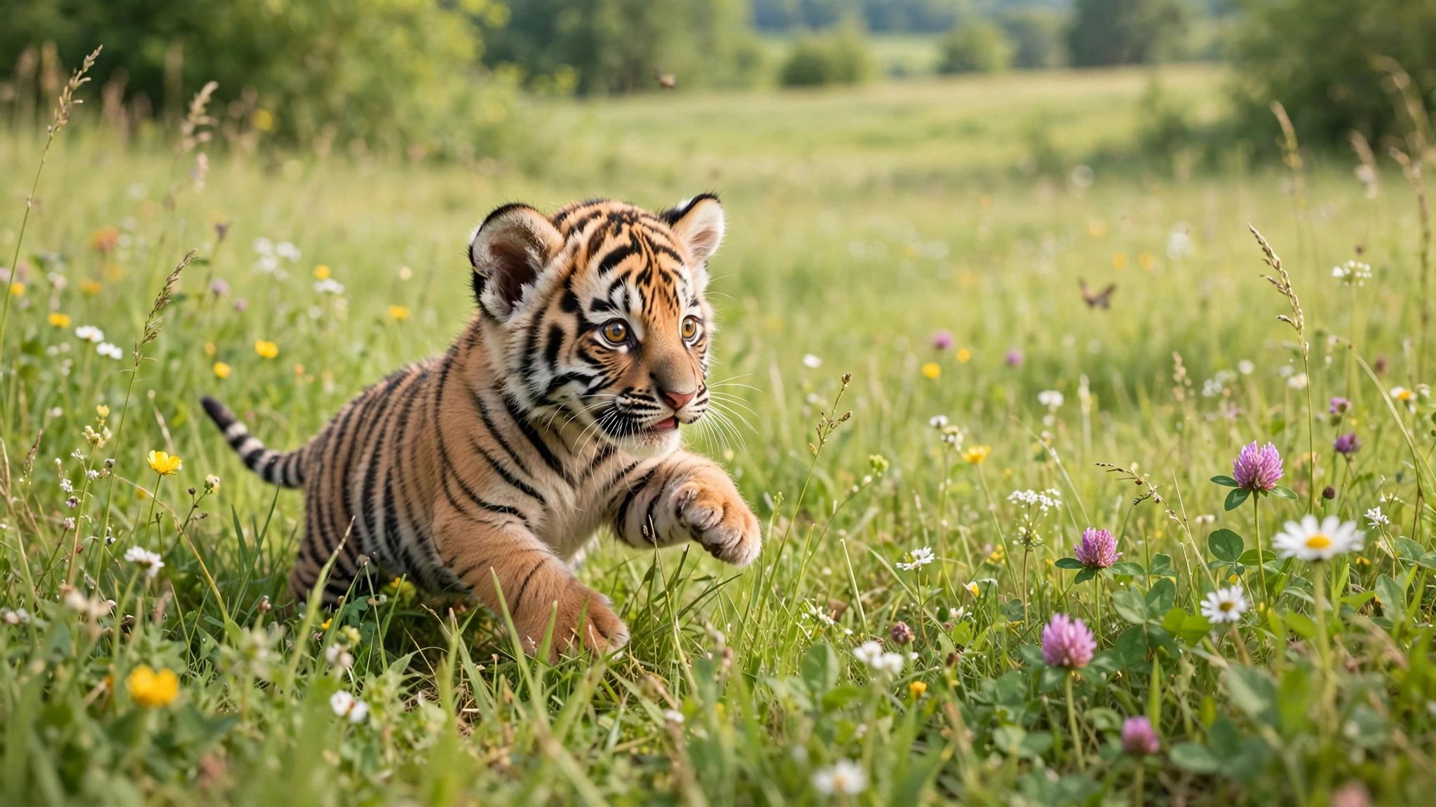 A playful tiger cub in a cozy sweater, frolicking in a snowy landscape, showcasing its adorable charm.