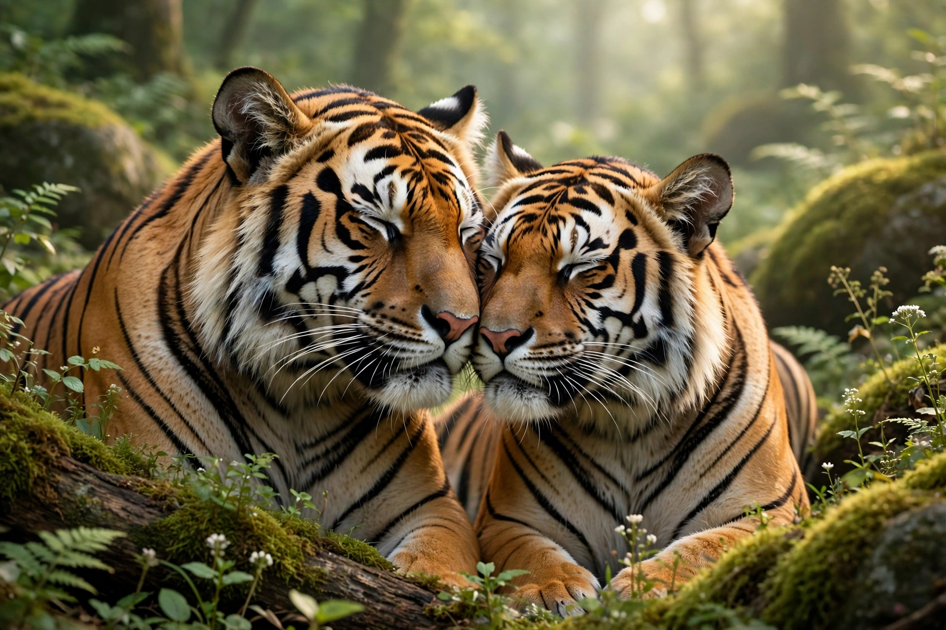 A tiger lounging in the grass, with lush trees providing a serene backdrop in its natural environment.