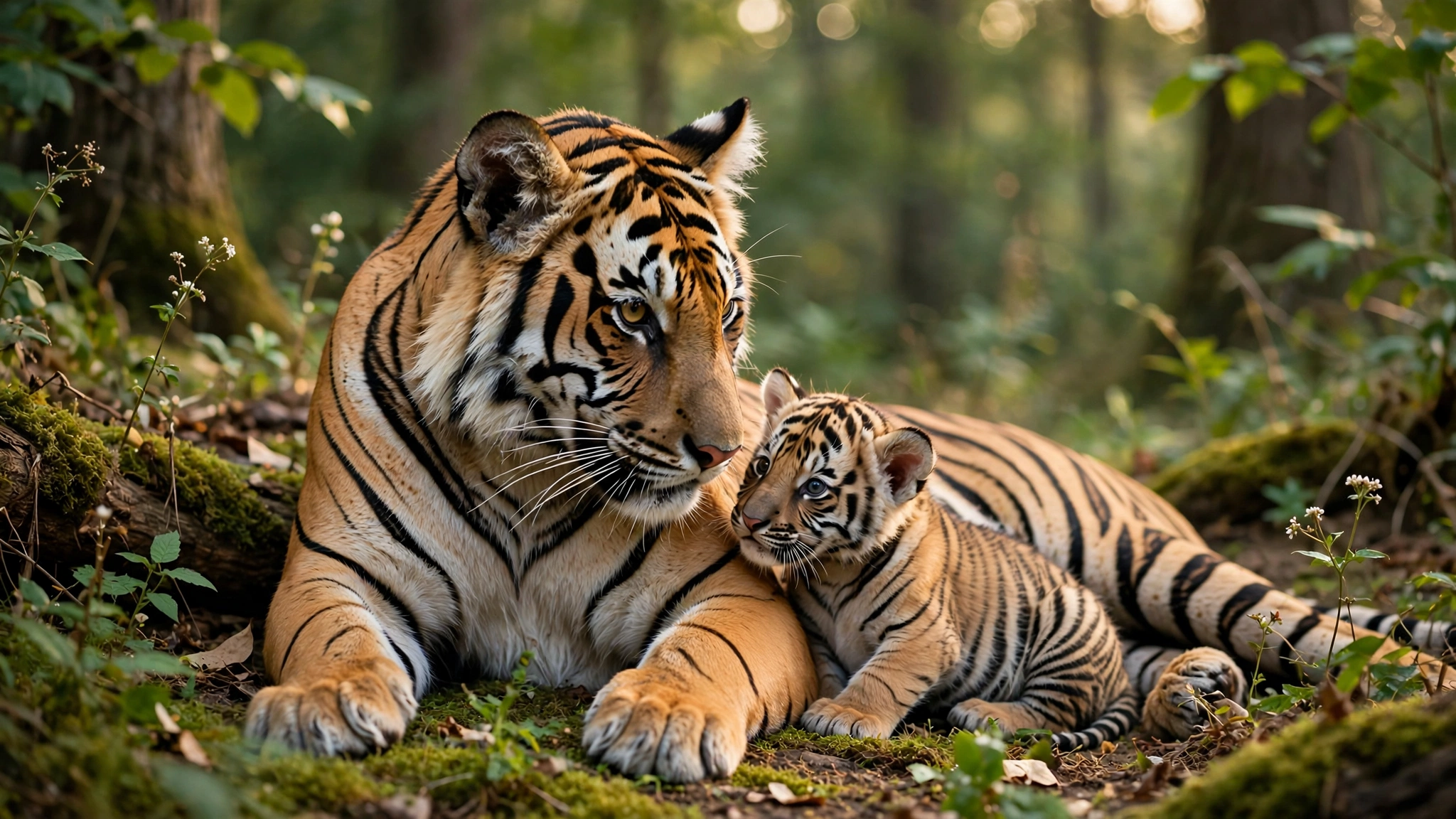 A tiger cub perched on a log, surrounded by lush greenery in a serene woodland setting.