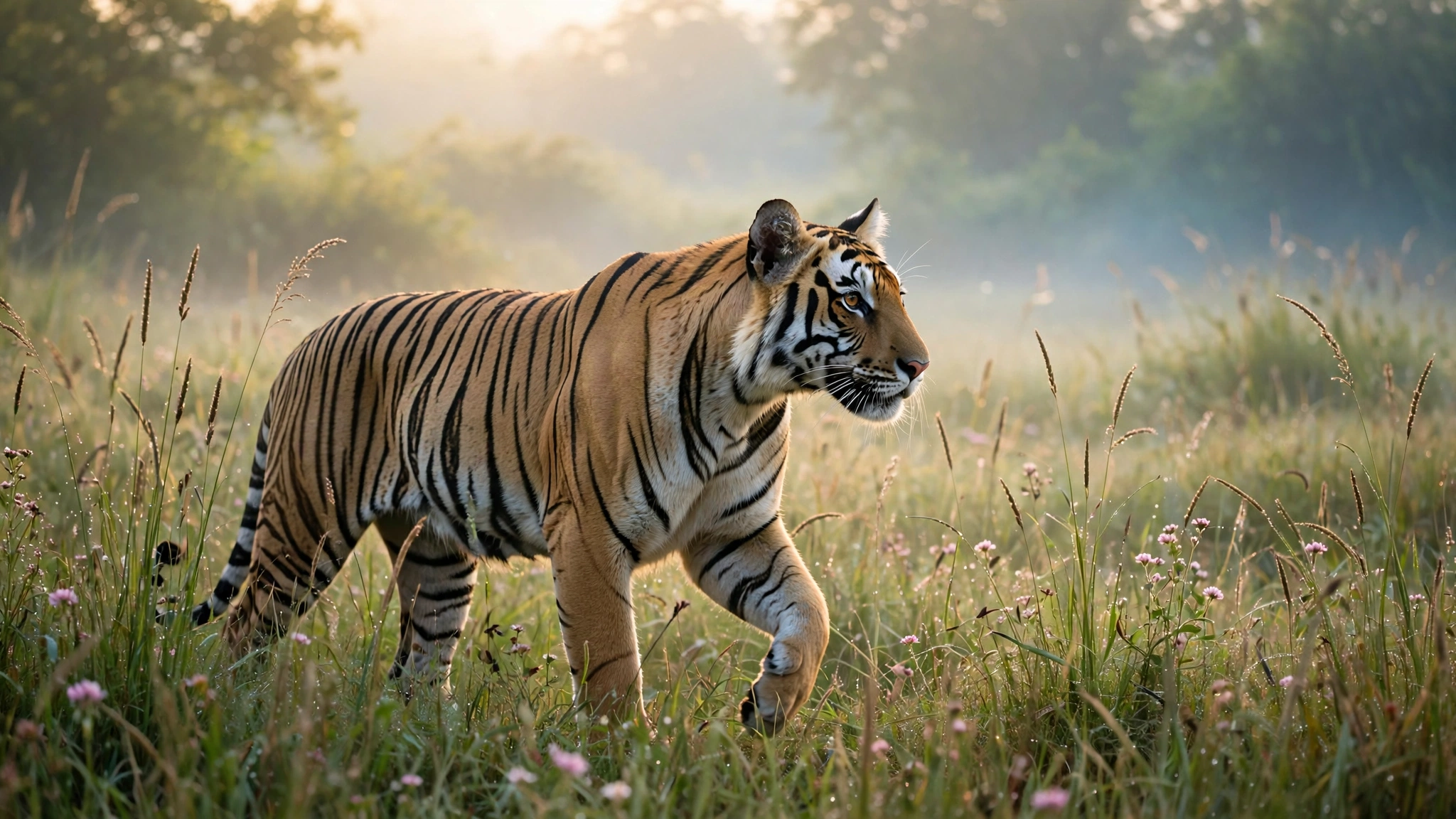 A tiger strides gracefully through lush green grass, showcasing its powerful physique and vibrant orange stripes.