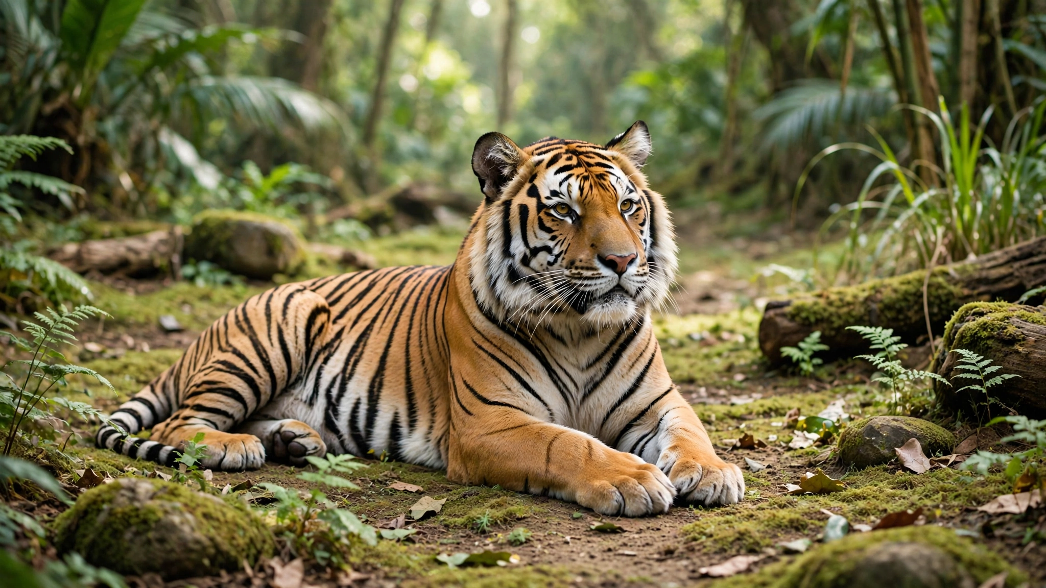 A tiger stands majestically by a serene pond, reflecting its powerful presence in the tranquil water.