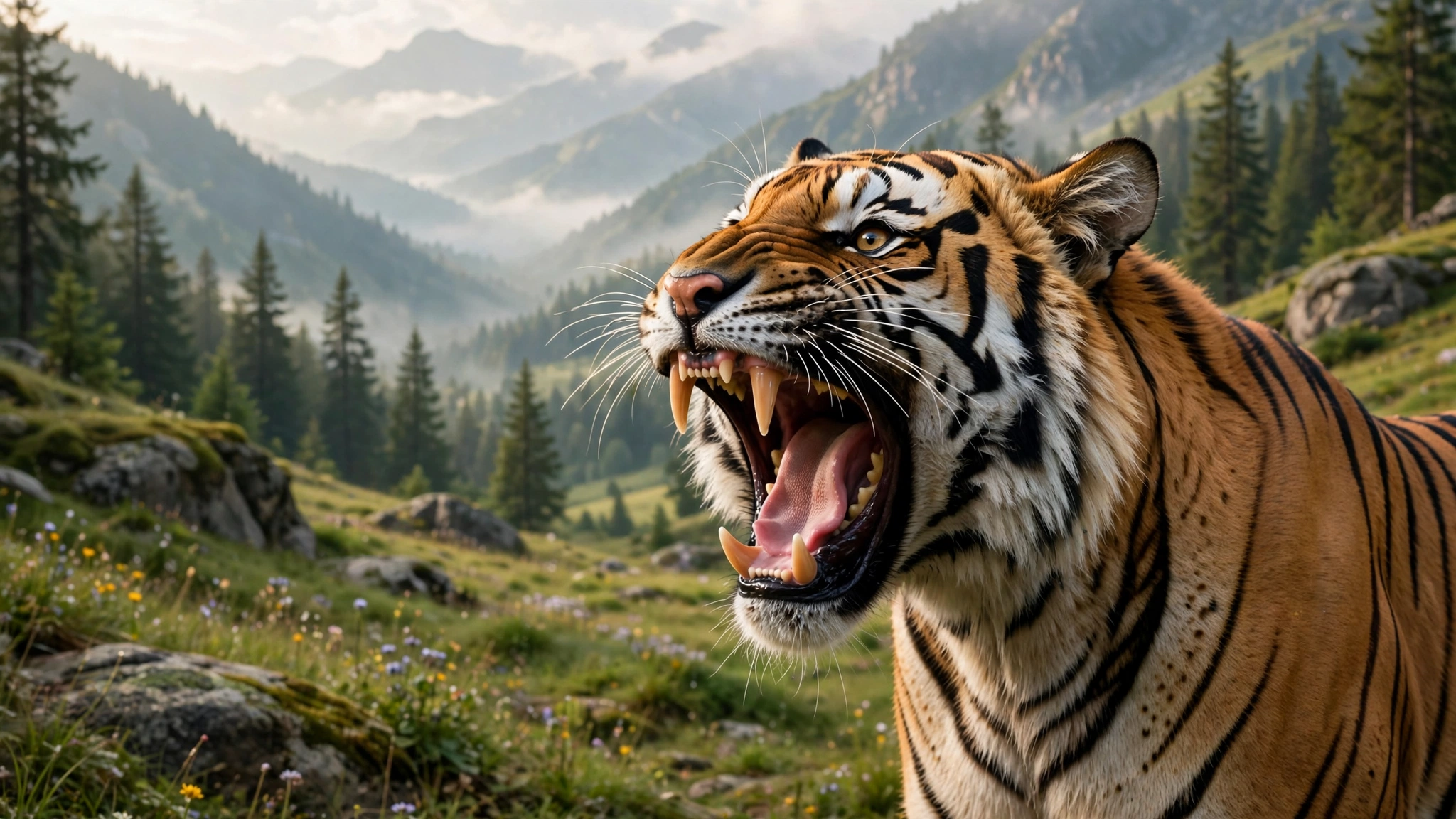 A fierce tiger growling with bared teeth, showcasing its strength and wild nature in a captivating display.
