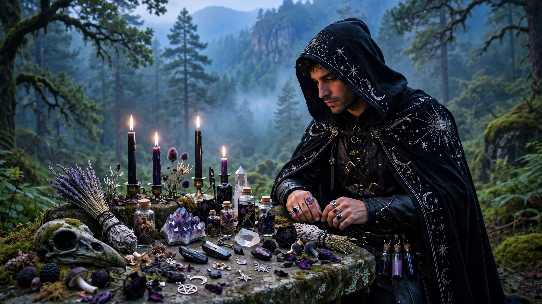 A man in black robes stands on a cliff, dramatic lightning flashing in the stormy sky behind him.
