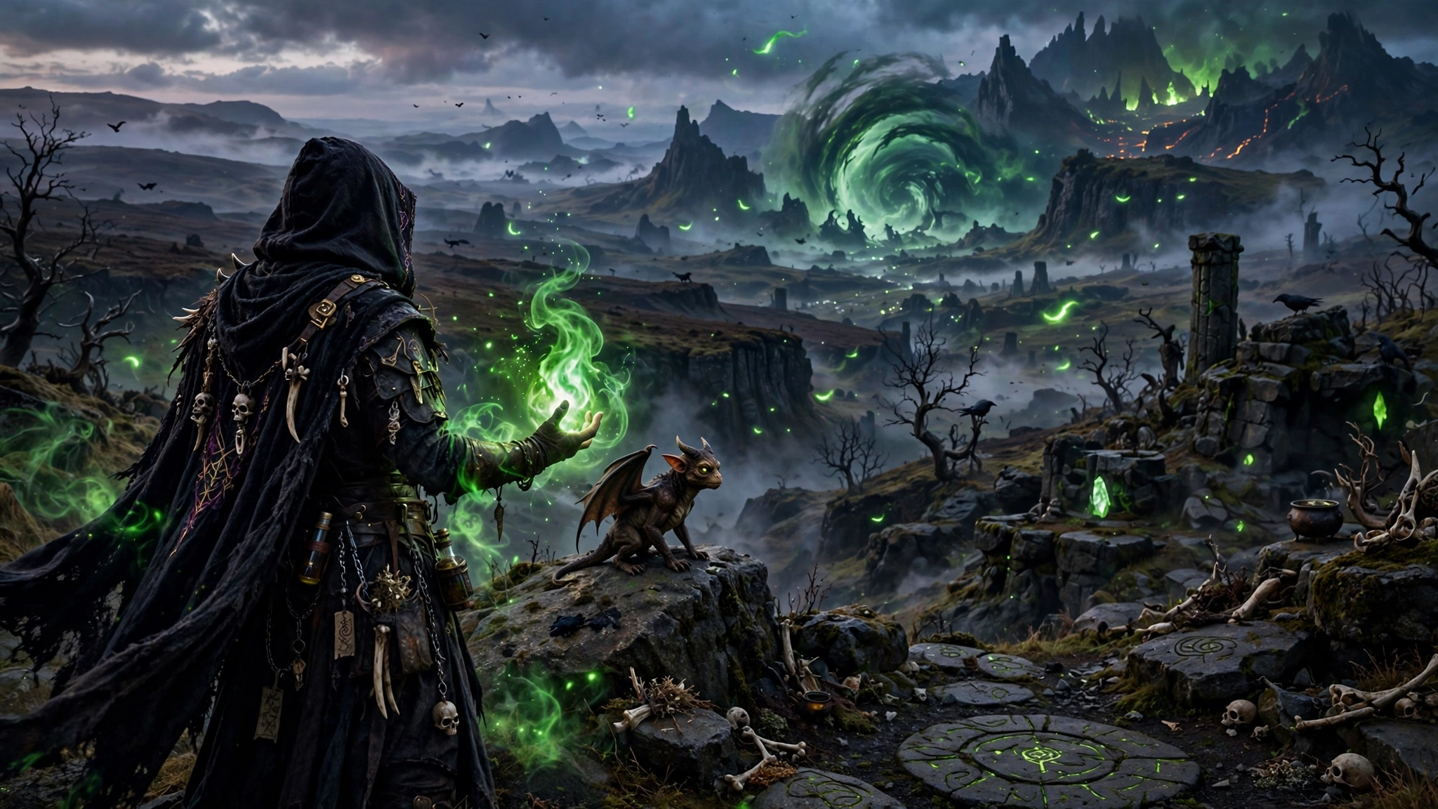 A man in black robes stands on a cliff, dramatic lightning flashing in the stormy sky behind him.