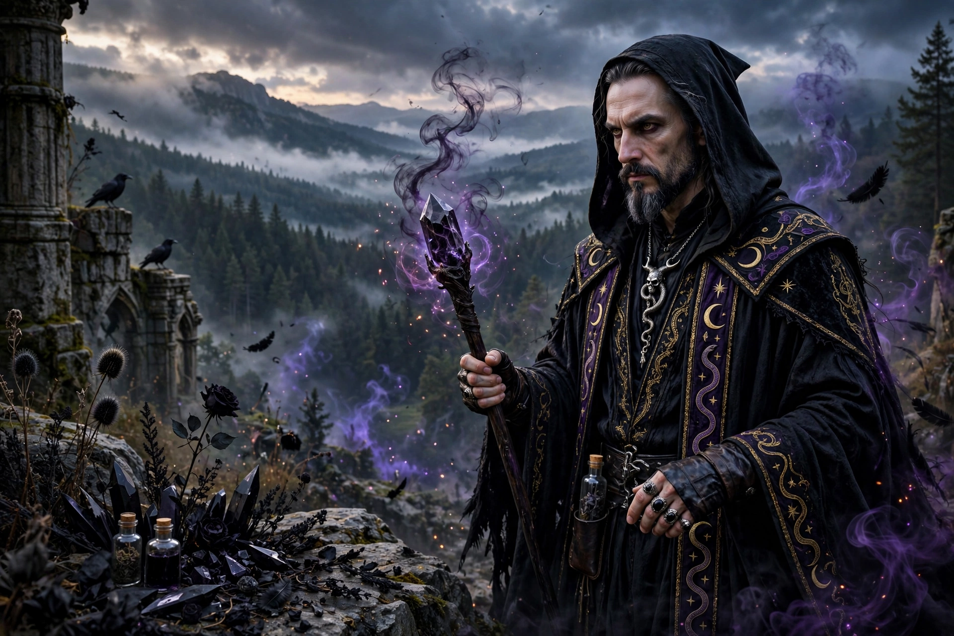 A man in a blue robe stands on a rock, lightning crackling from his hands, creating a dramatic scene.