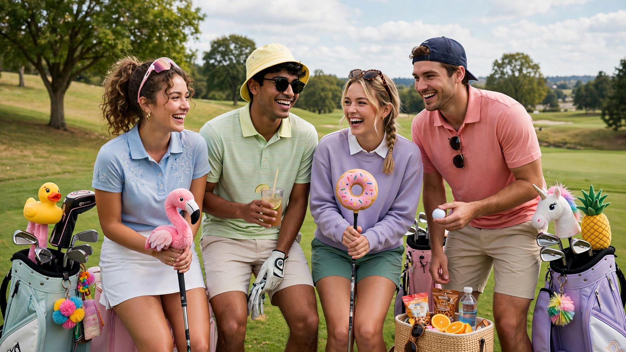 A vibrant collection of playful golf team names illustrated on signs, highlighting the lighthearted spirit of the game.