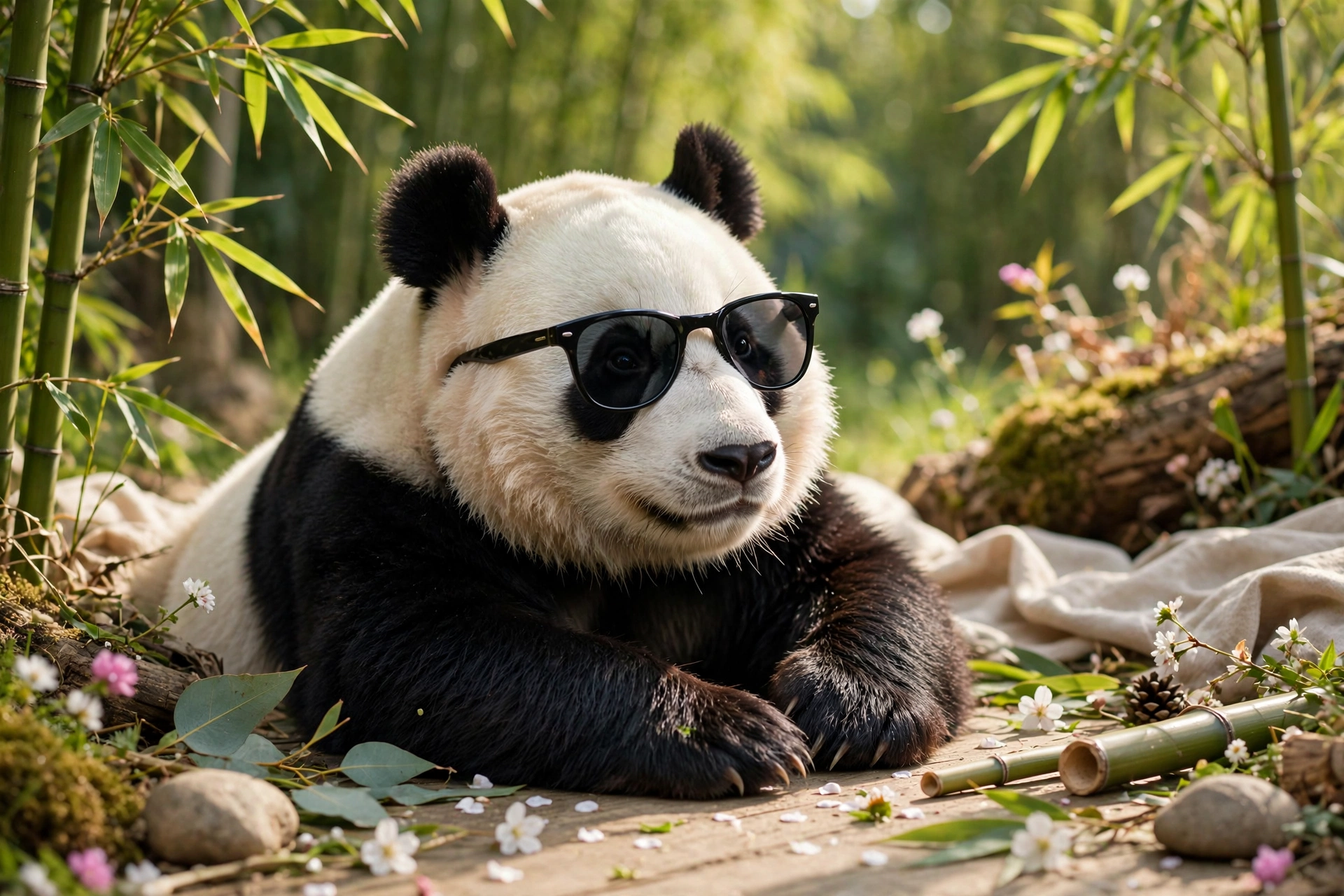 A cool panda bear rocking sunglasses and a stylish hat, ready for a fun day in the sun.