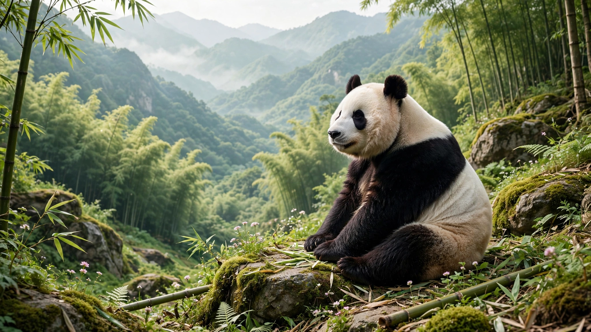 A cute panda bear lounging on a wooden bench, enjoying a peaceful moment in its natural habitat.