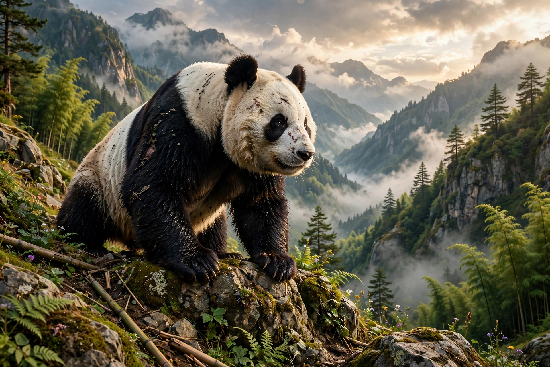 A panda bear relaxing on a chair surrounded by lush greenery in a serene forest setting.