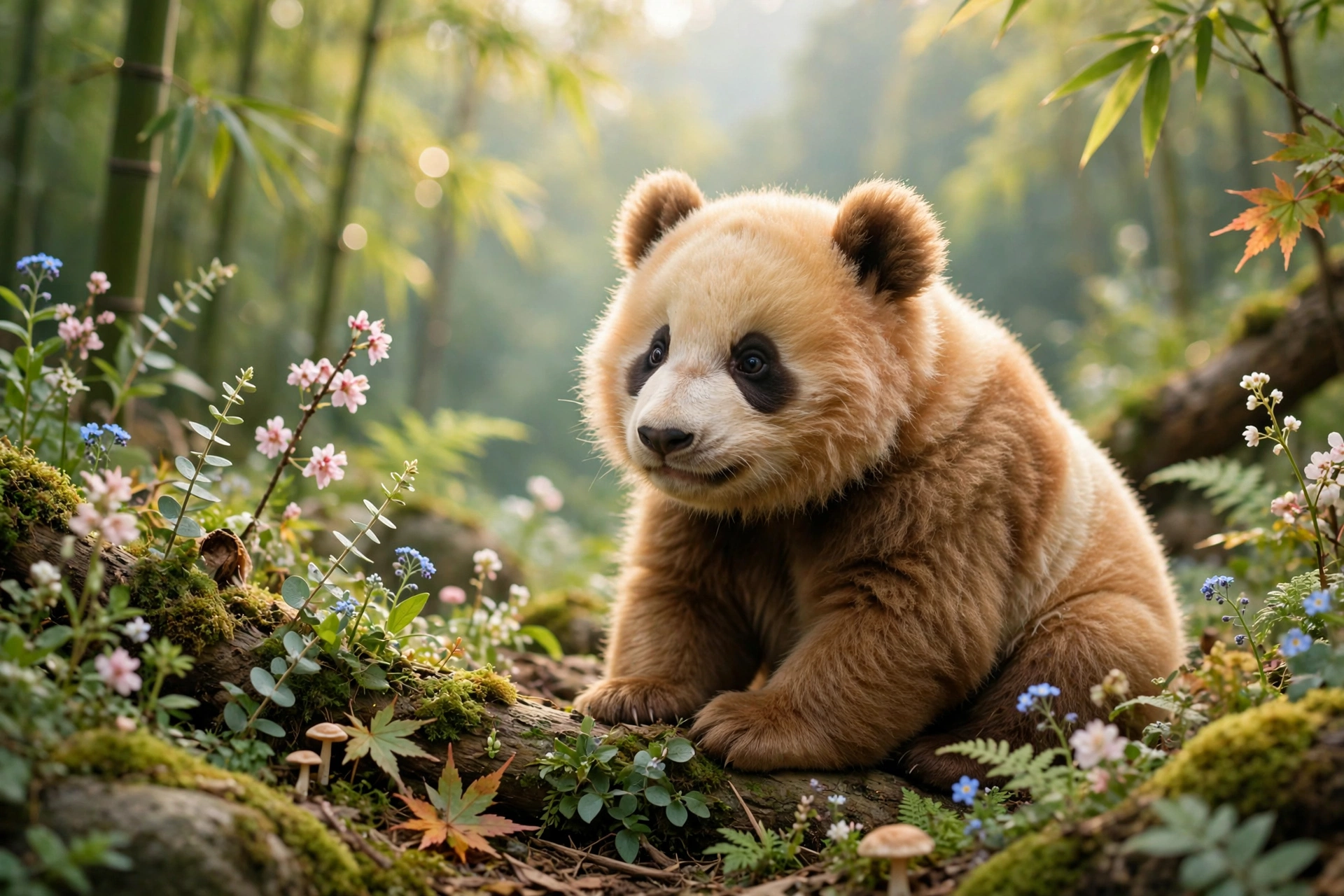 A playful panda wearing a bright red shirt sits comfortably on a log, enjoying its surroundings in the forest.