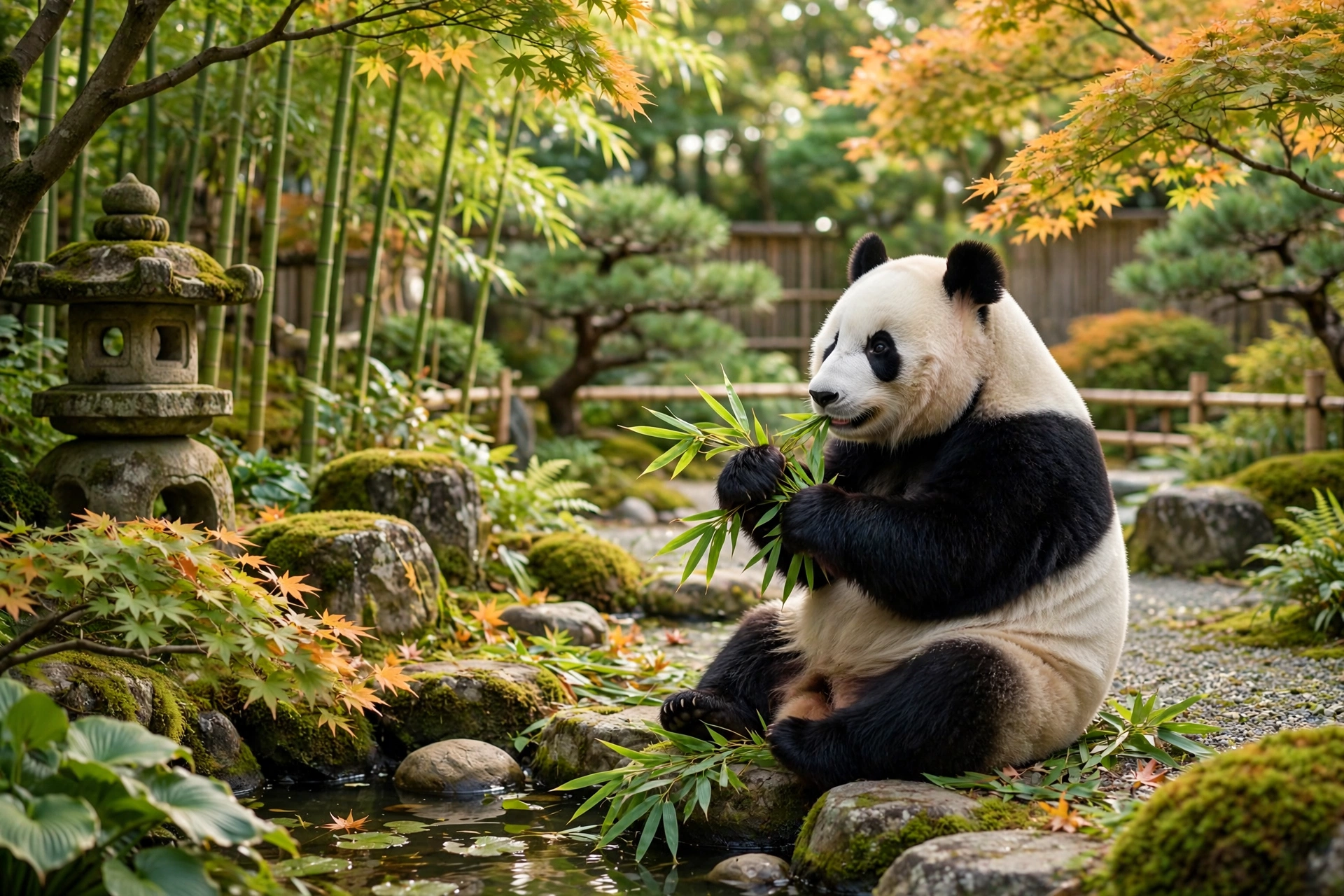 A panda bear in a colorful traditional costume sits playfully on a tree stump, surrounded by nature.