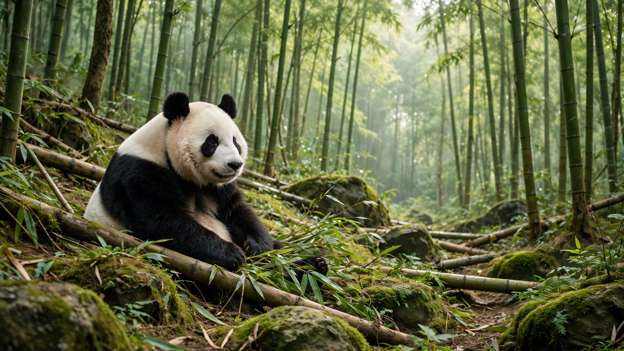 A panda bear in a red tie lounging on a rock, looking adorable and ready for a business meeting.