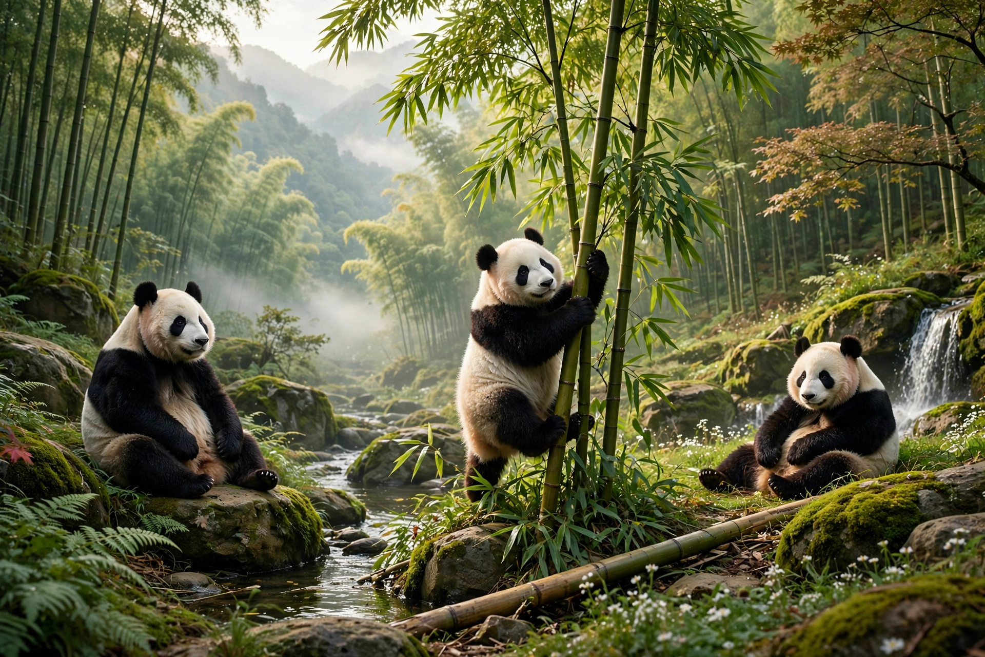 A cute panda bear munching on bamboo sticks while sitting in a grassy area, enjoying its meal in a serene setting.