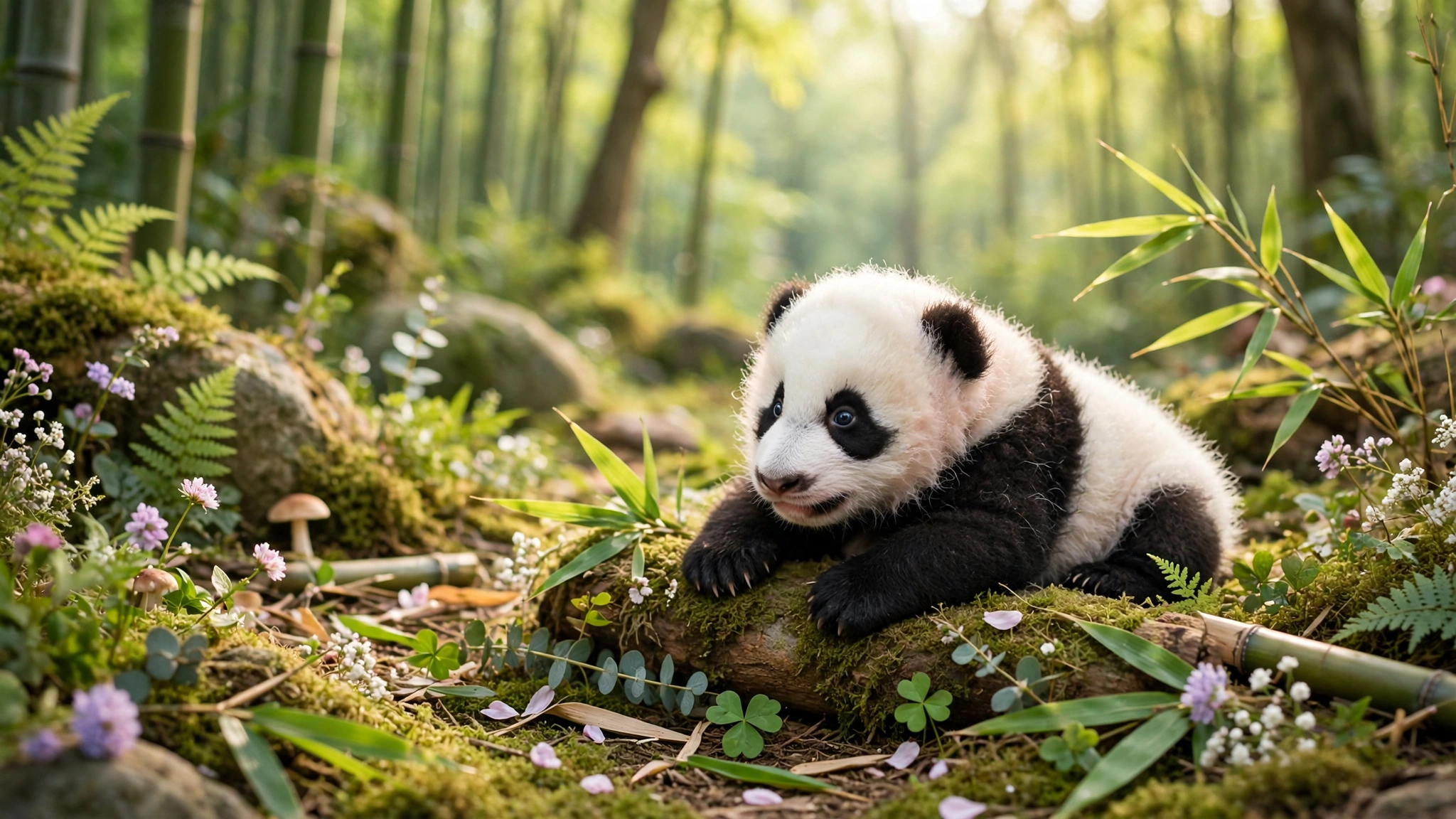 A panda bear munching on bamboo while sitting by a serene pond.