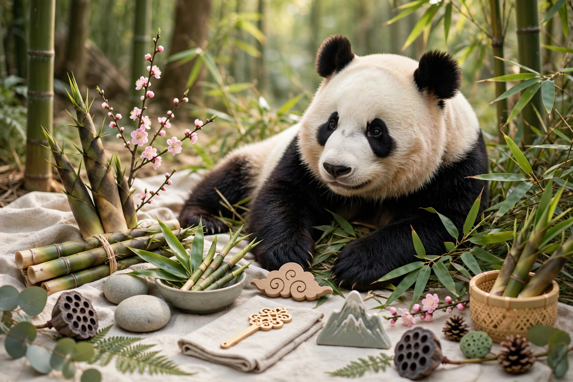 A panda bear relaxing on a rock surrounded by lush greenery in a serene forest setting.