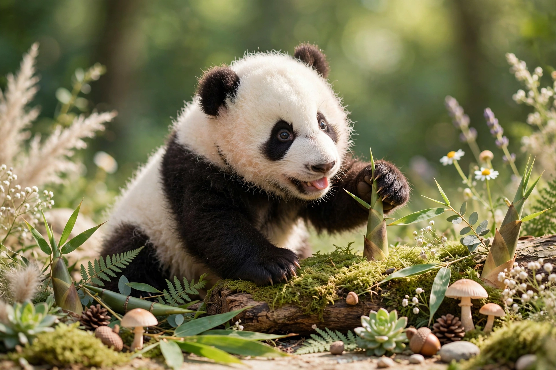 A cute panda bear in a Santa hat sitting on a tree stump, ready for the holiday season.