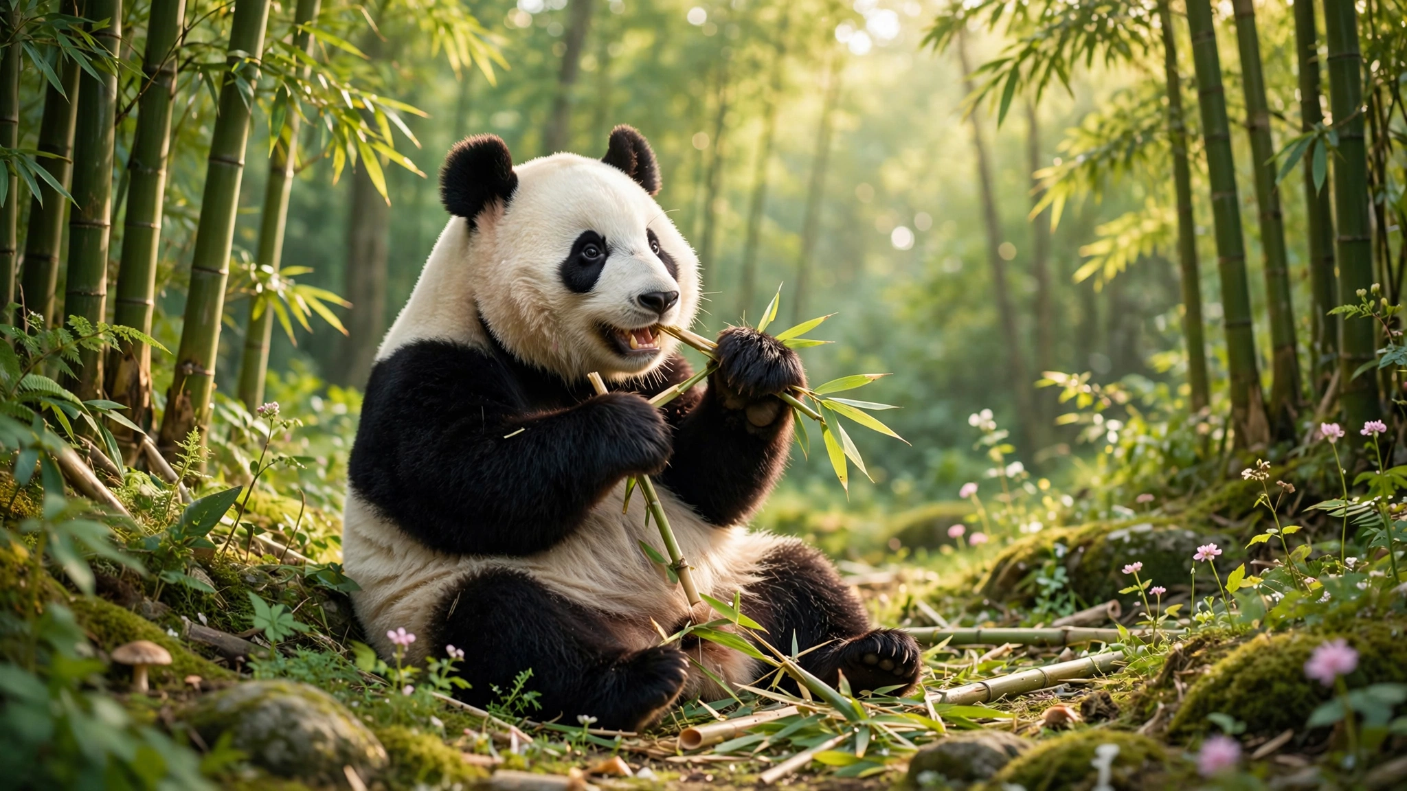 A cute panda bear lounging on a wooden platform, enjoying its cozy spot in a natural setting.