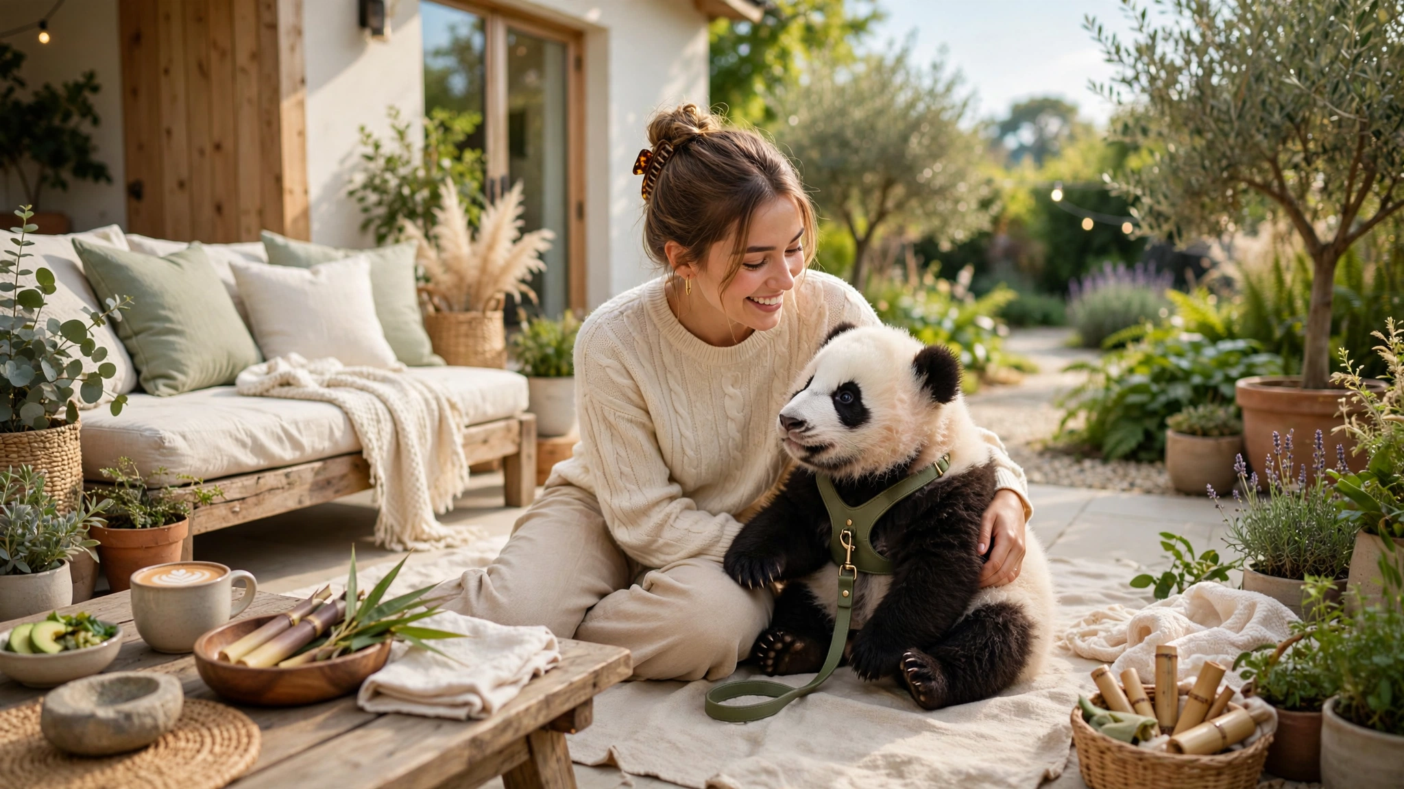 A panda bear happily munching on bamboo in its cozy enclosure, surrounded by greenery.