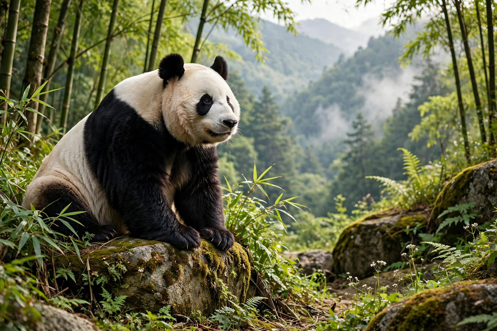 A panda bear lounging on a rock, wearing a bright red scarf, looking cozy and relaxed in its natural habitat.