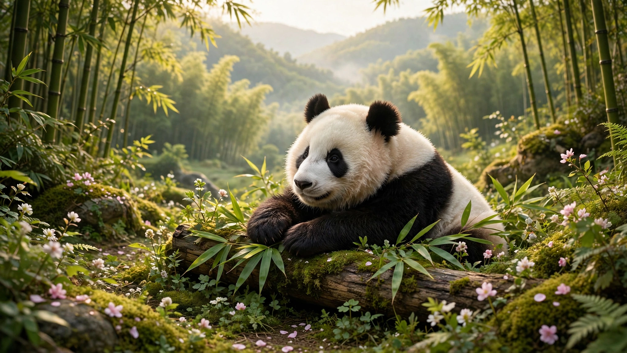 A panda bear wearing a red scarf sits comfortably on a tree branch, looking cute and cozy in its natural habitat.